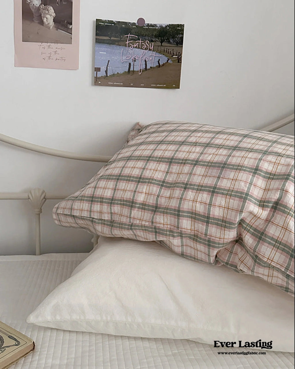Muted Blush Cotton Pillowcase / Pink & Green Plaid Ever Lasting