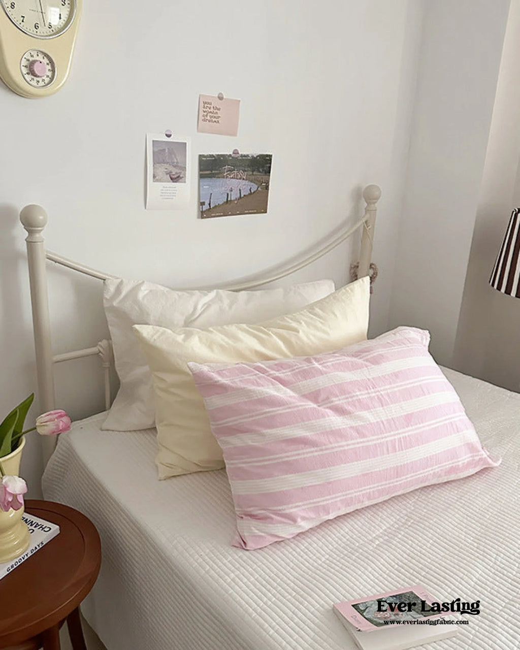 Muted Blush Cotton Pillowcase / Pink & Green Plaid Ever Lasting