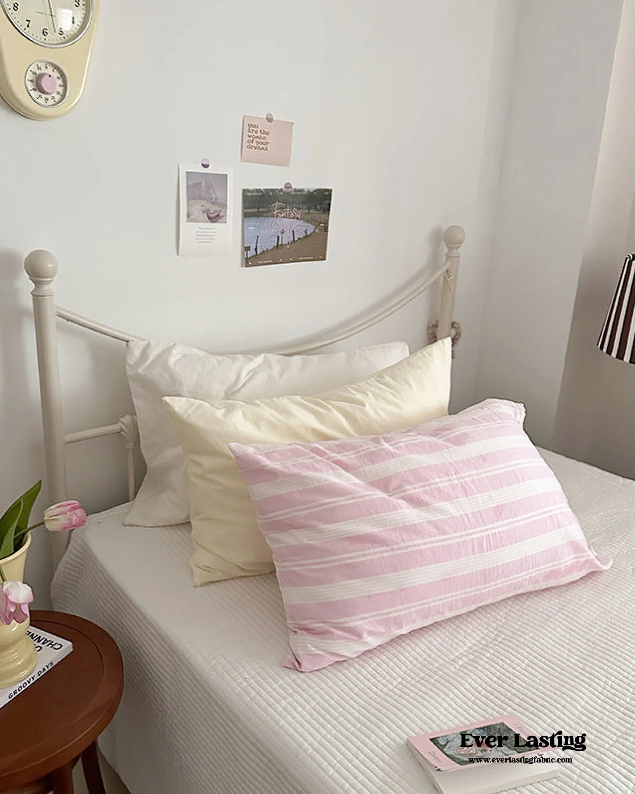 Muted Blush Cotton Pillowcase / Pink & Green Plaid Ever Lasting