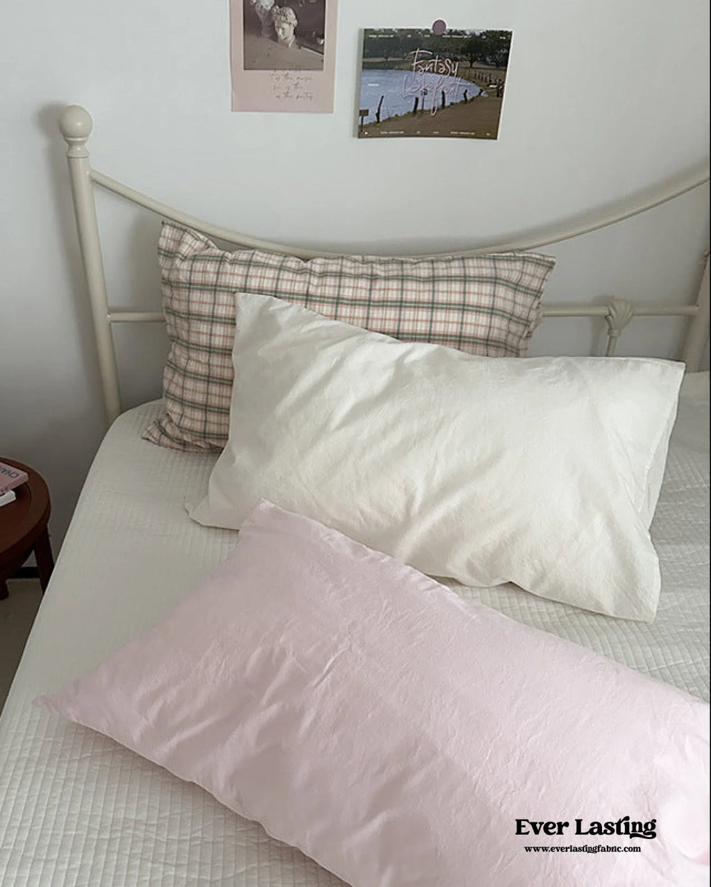Muted Blush Cotton Pillowcase / Pink & Green Plaid Ever Lasting