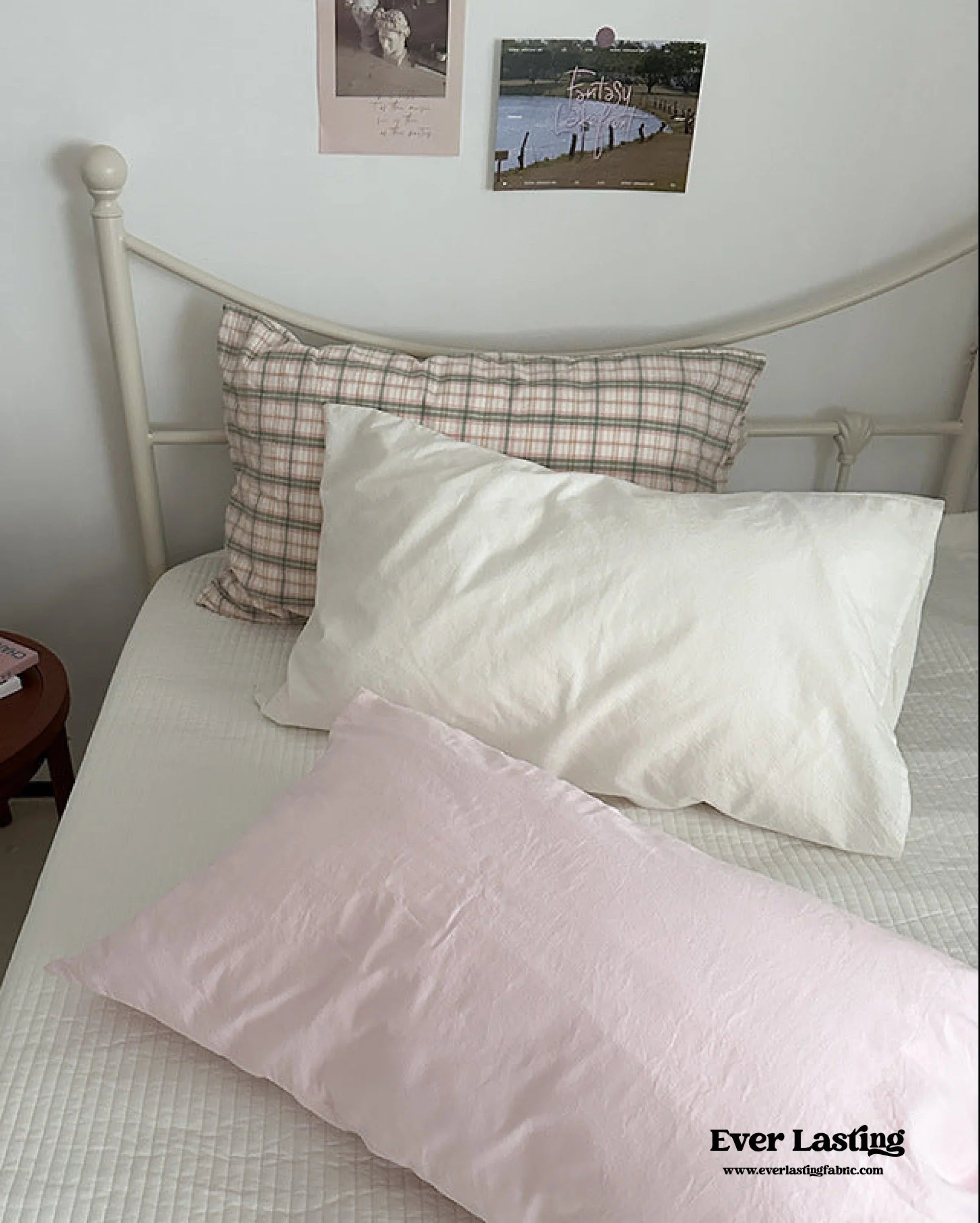 Muted Blush Cotton Pillowcase / Pink & Green Plaid Ever Lasting