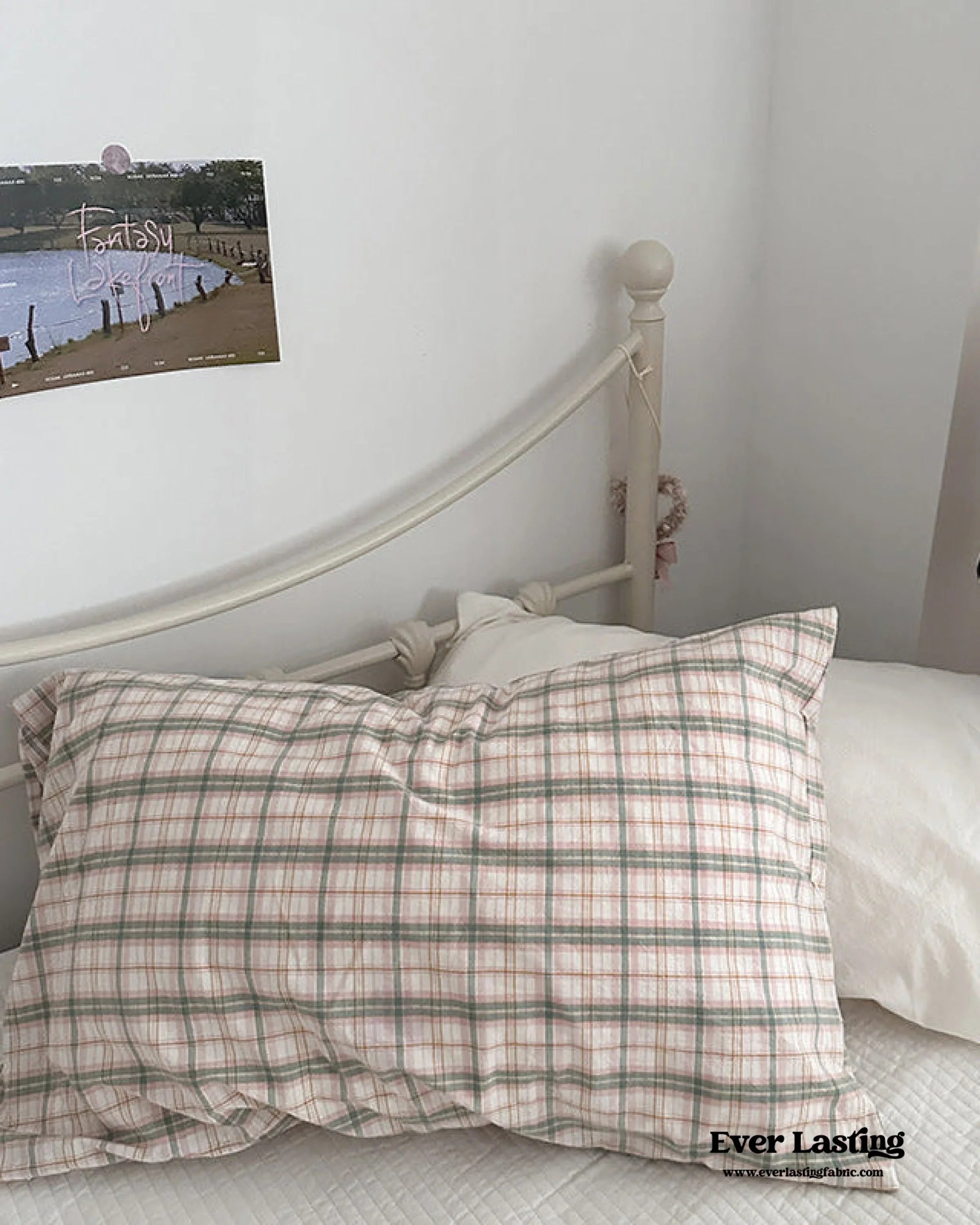 Muted Blush Cotton Pillowcase / Pink & Green Plaid Ever Lasting