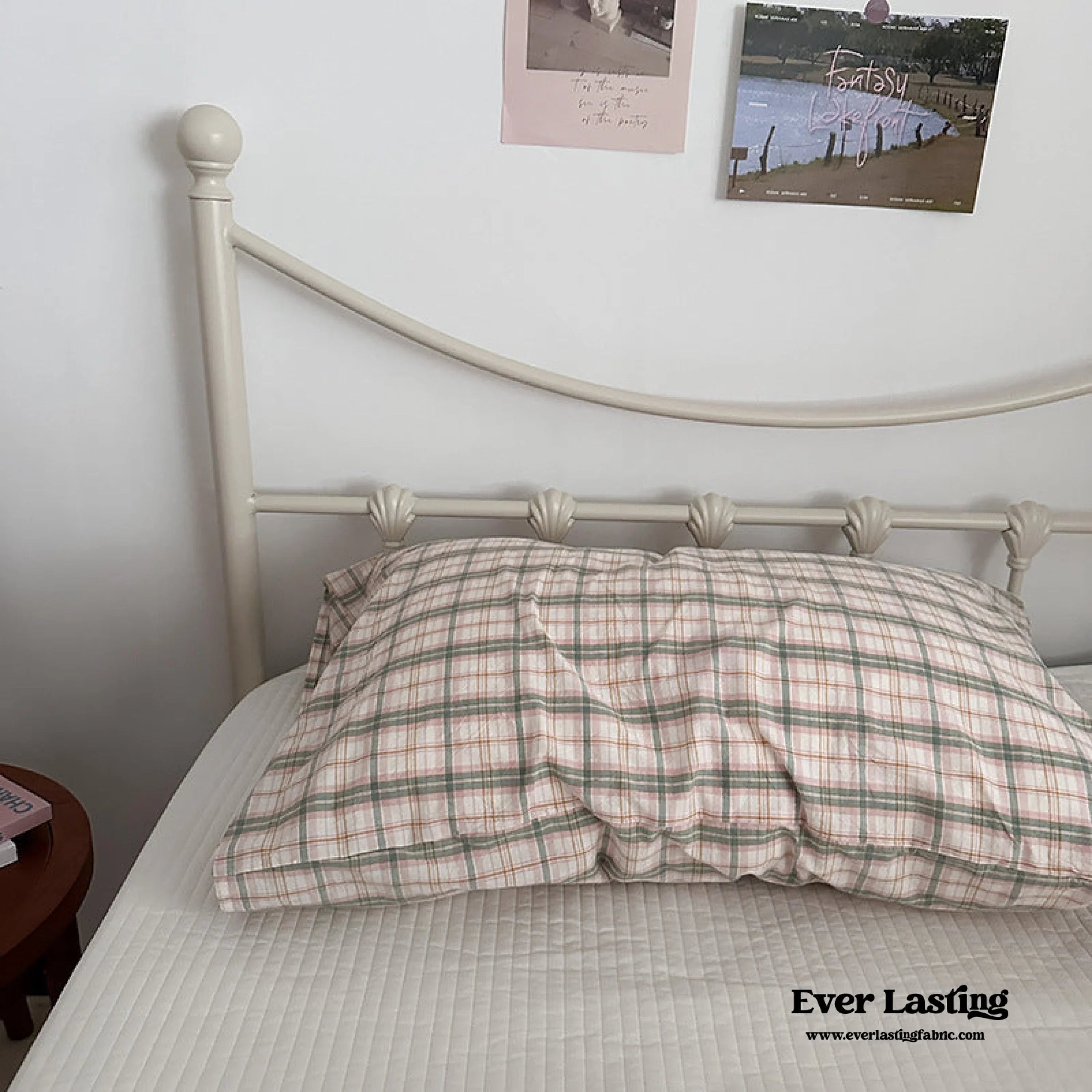 Muted Blush Cotton Pillowcase / Pink & Green Plaid Ever Lasting