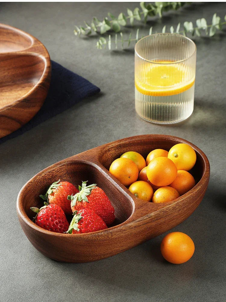 Natural Acacia Wood Dessert Plate, Separated Meal Plate, Household Fruit Plate, Snacks, Household Candy Wooden Bowl Tableware - House Of Avana
