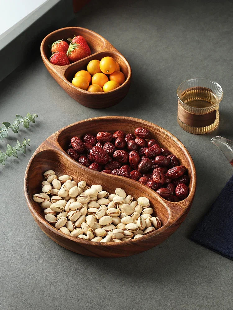 Natural Acacia Wood Dessert Plate, Separated Meal Plate, Household Fruit Plate, Snacks, Household Candy Wooden Bowl Tableware - House Of Avana
