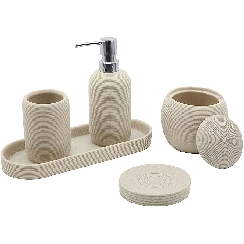 Natural Gray Stone Bathroom 5pcs Set Including Lotion Bottle, Soap Dish, Jar, Soap Tray, And a Serving Tray, Perfect As a Christmas Gift. House Of Avana
