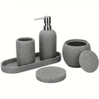 Natural Gray Stone Bathroom 5pcs Set Including Lotion Bottle, Soap Dish, Jar, Soap Tray, And a Serving Tray, Perfect As a Christmas Gift. House Of Avana