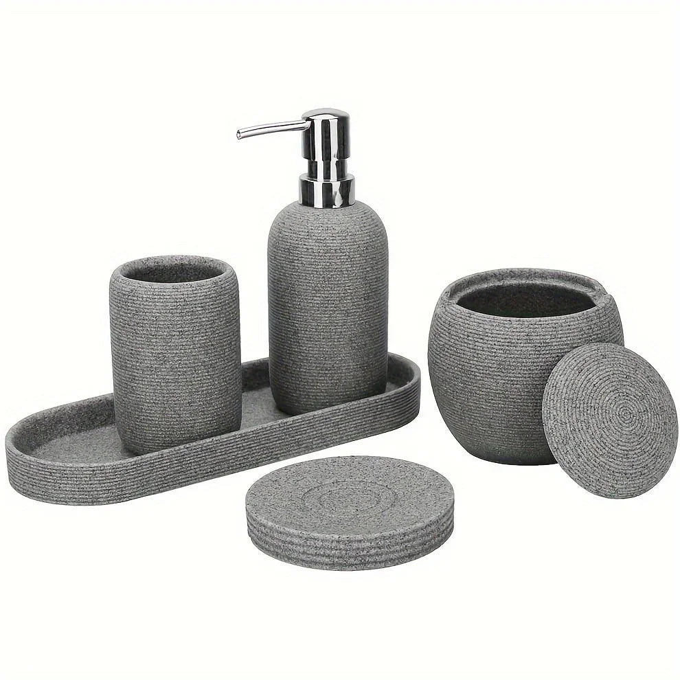 Natural Gray Stone Bathroom 5pcs Set Including Lotion Bottle, Soap Dish, Jar, Soap Tray, And a Serving Tray, Perfect As a Christmas Gift. House Of Avana