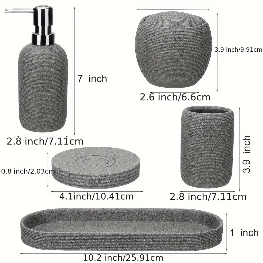 Natural Gray Stone Bathroom 5pcs Set Including Lotion Bottle, Soap Dish, Jar, Soap Tray, And a Serving Tray, Perfect As a Christmas Gift. House Of Avana