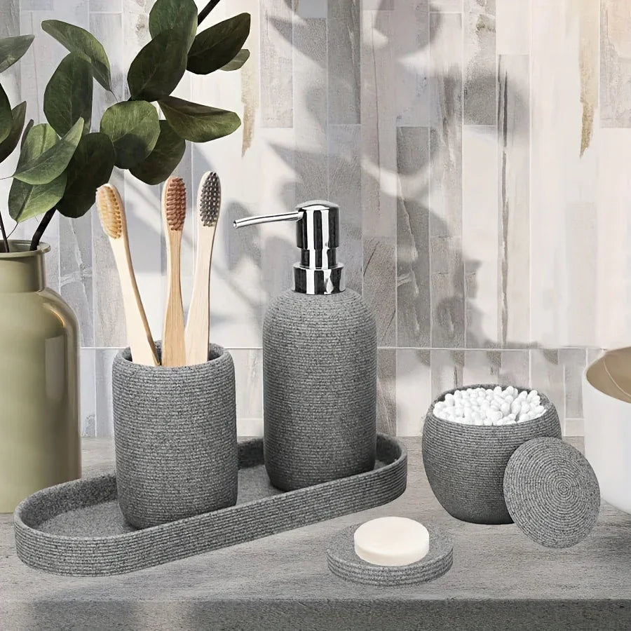 Natural Gray Stone Bathroom 5pcs Set Including Lotion Bottle, Soap Dish, Jar, Soap Tray, And a Serving Tray, Perfect As a Christmas Gift. House Of Avana