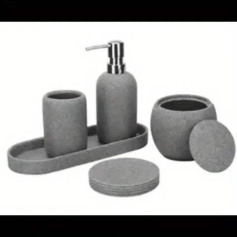 Natural Gray Stone Bathroom 5pcs Set Including Lotion Bottle, Soap Dish, Jar, Soap Tray, And a Serving Tray, Perfect As a Christmas Gift. House Of Avana