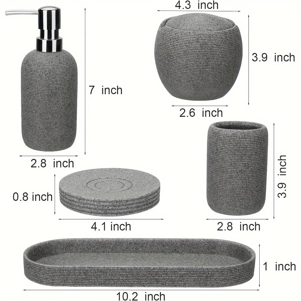 Natural Gray Stone Bathroom 5pcs Set Including Lotion Bottle, Soap Dish, Jar, Soap Tray, And a Serving Tray, Perfect As a Christmas Gift. House Of Avana