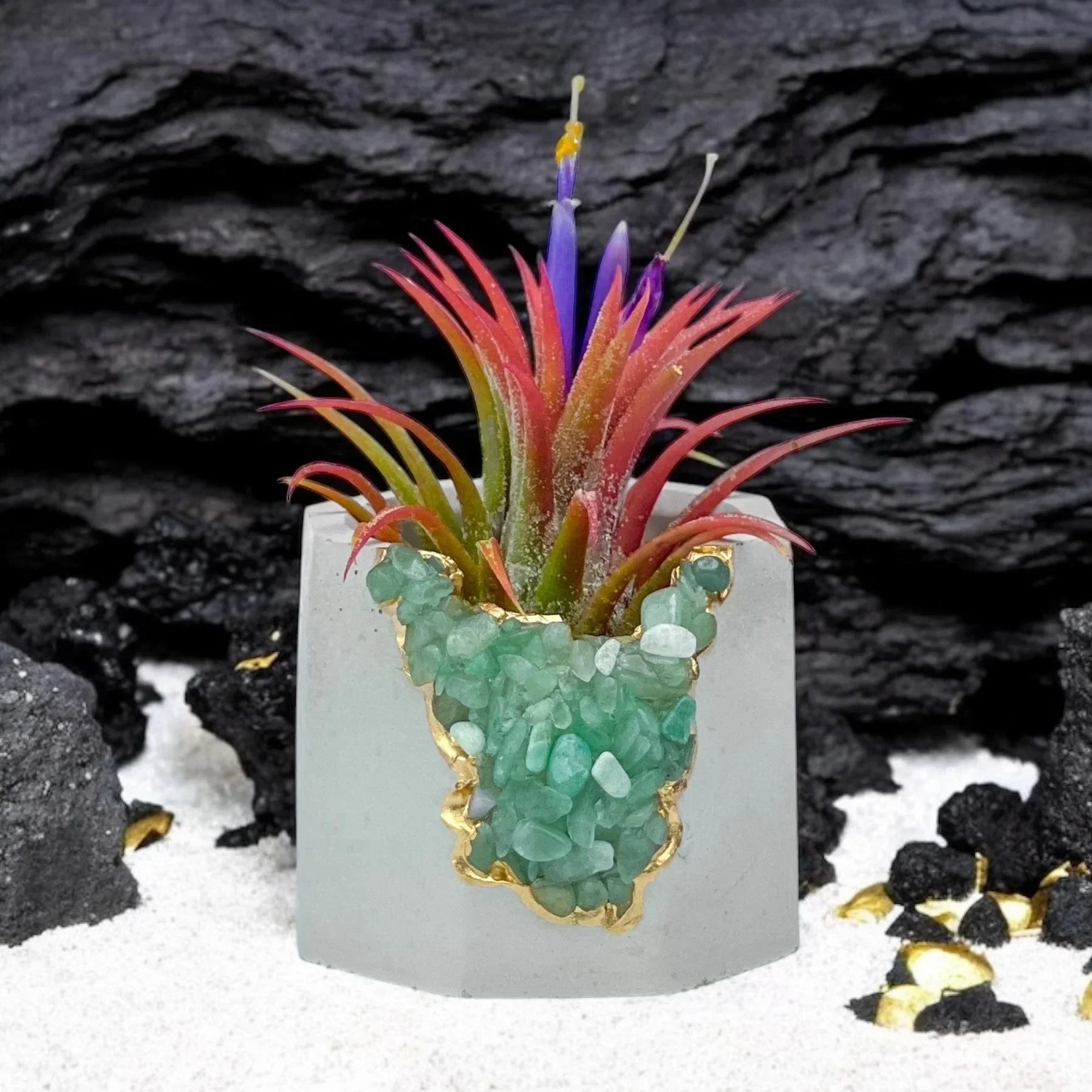 Natural Green Aventurine Geode Planter with Layered Stone Detail, front view - House Of Avana