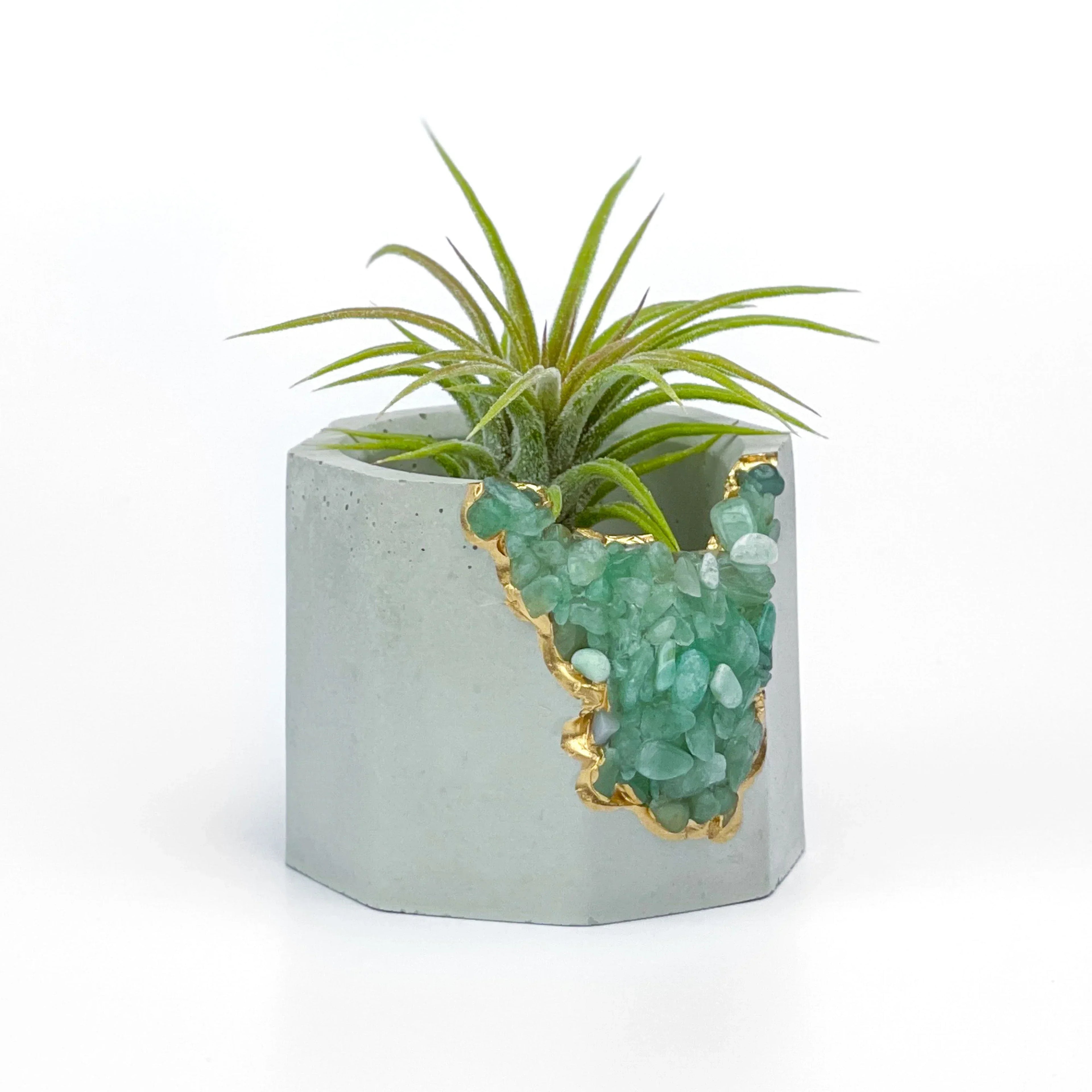 Natural Green Aventurine Geode Planter with Layered Stone Detail, angled view - House Of Avana