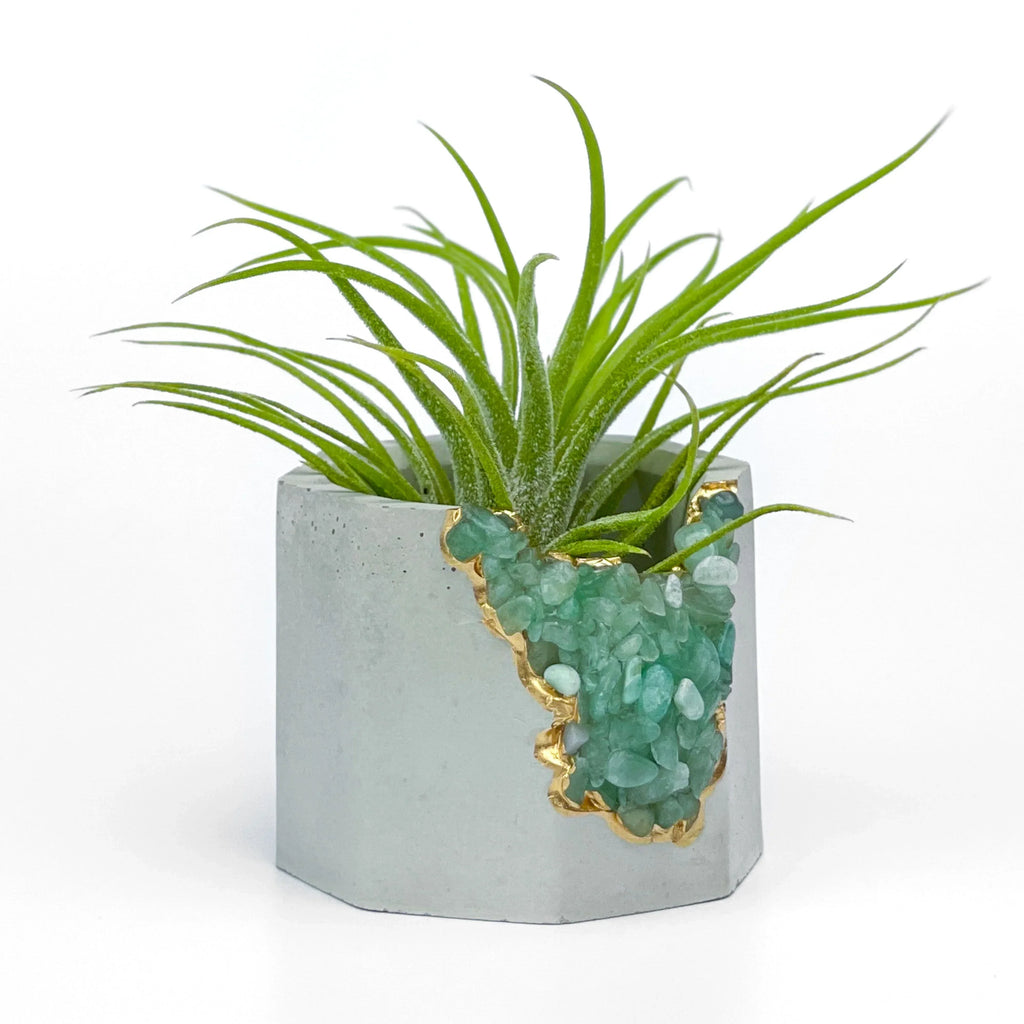 Natural Green Aventurine Geode Planter with Layered Stone Detail, angled view - House Of Avana