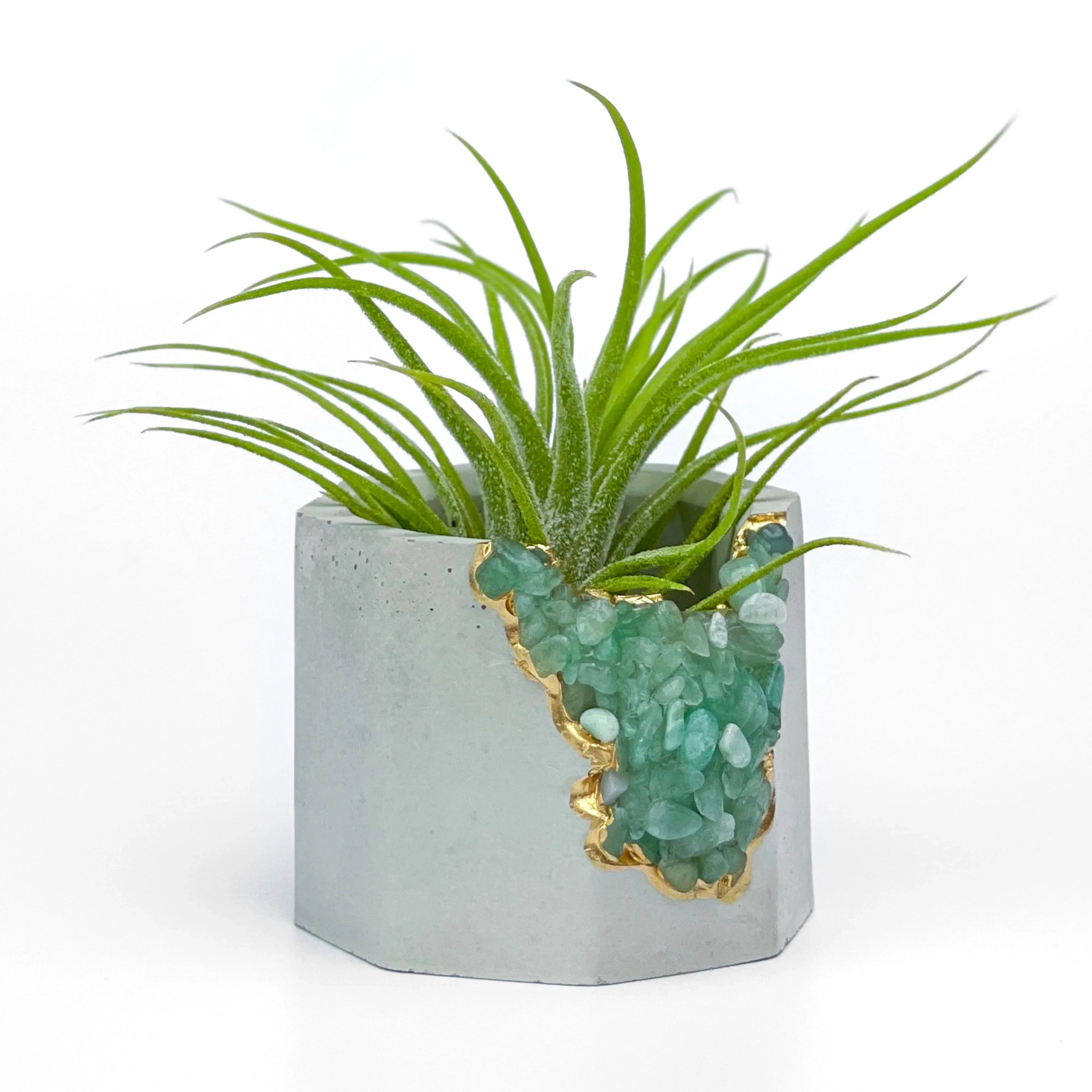 Natural Green Aventurine Geode Planter with Layered Stone Detail, angled view - House Of Avana