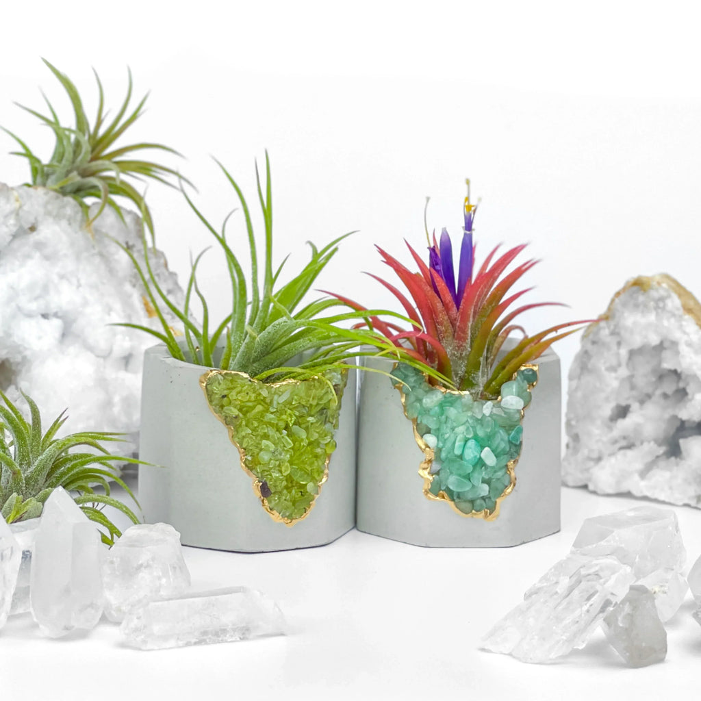 Natural Green Aventurine Geode Planter with Layered Stone Detail, angled view - House Of Avana