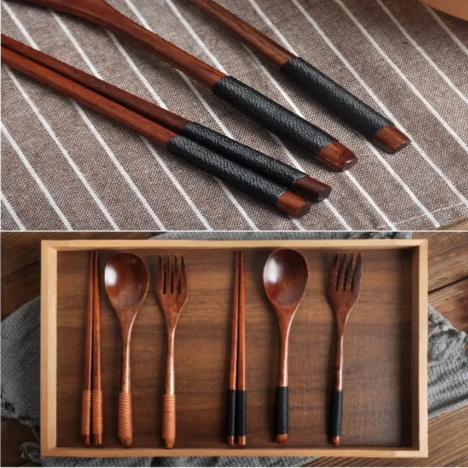 Natural Handmade Wooden Spoon Chopsticks And Fork Dinner Set Tableware - House Of Avana
