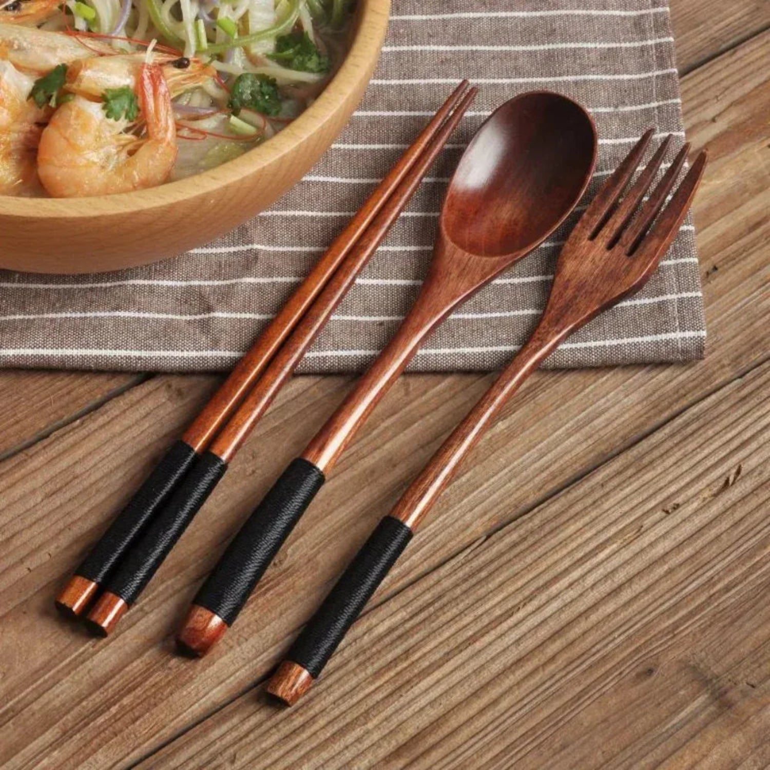 Natural Handmade Wooden Spoon Chopsticks And Fork Dinner Set Tableware - House Of Avana