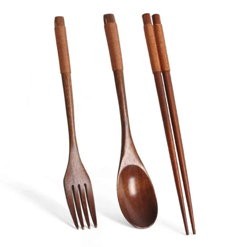 Natural Handmade Wooden Spoon Chopsticks And Fork Dinner Set Tableware - House Of Avana