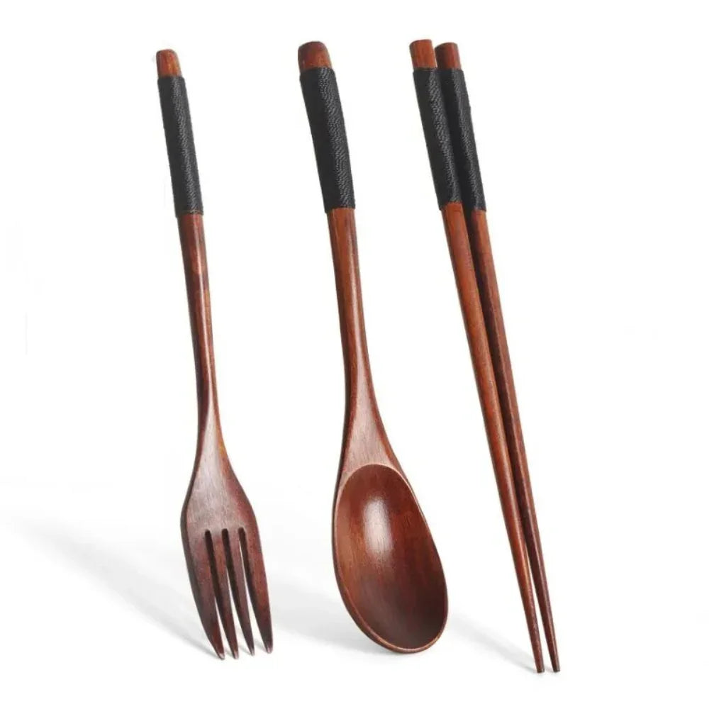 Natural Handmade Wooden Spoon Chopsticks And Fork Dinner Set Tableware - House Of Avana