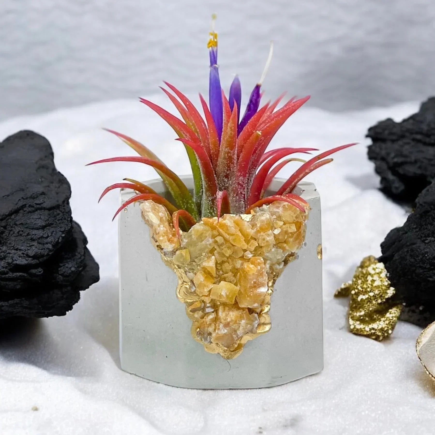 Natural Orange Calcite Geode Planter with Unique Crystal Formation, front view - House Of Avana