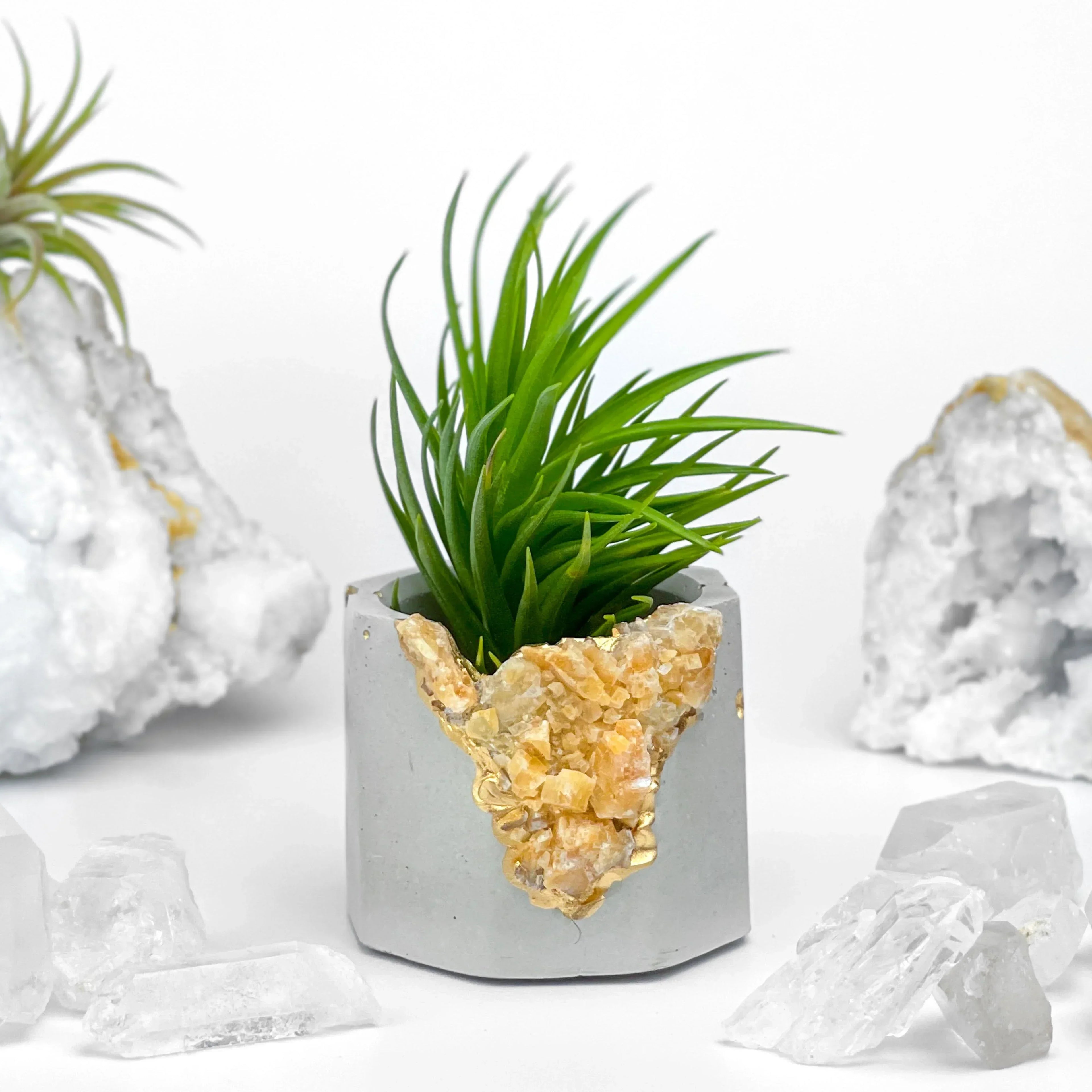 Natural Orange Calcite Geode Planter with Unique Crystal Formation, back view - House Of Avana