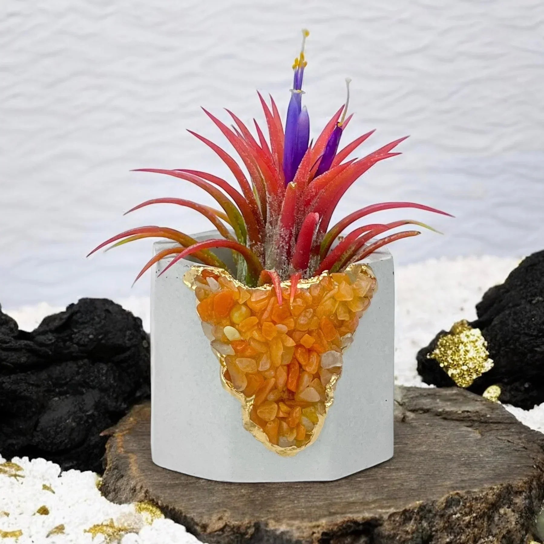 Natural Red Aventurine Geode Planter with Unique Mineral Layers, front view - House Of Avana