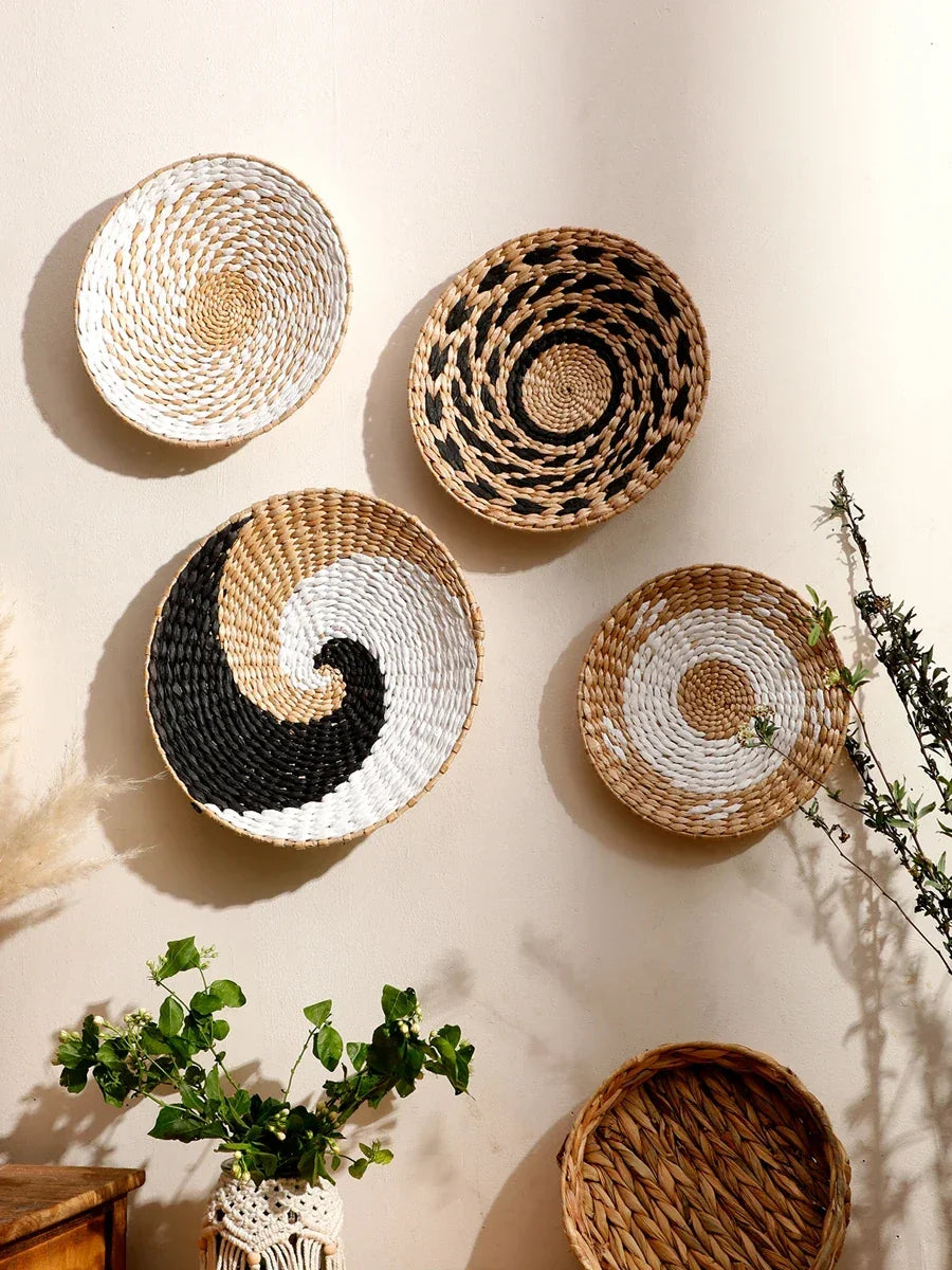 Natural Seagrass Handmade Wall Decor with Organic Texture, angled view - House Of Avana