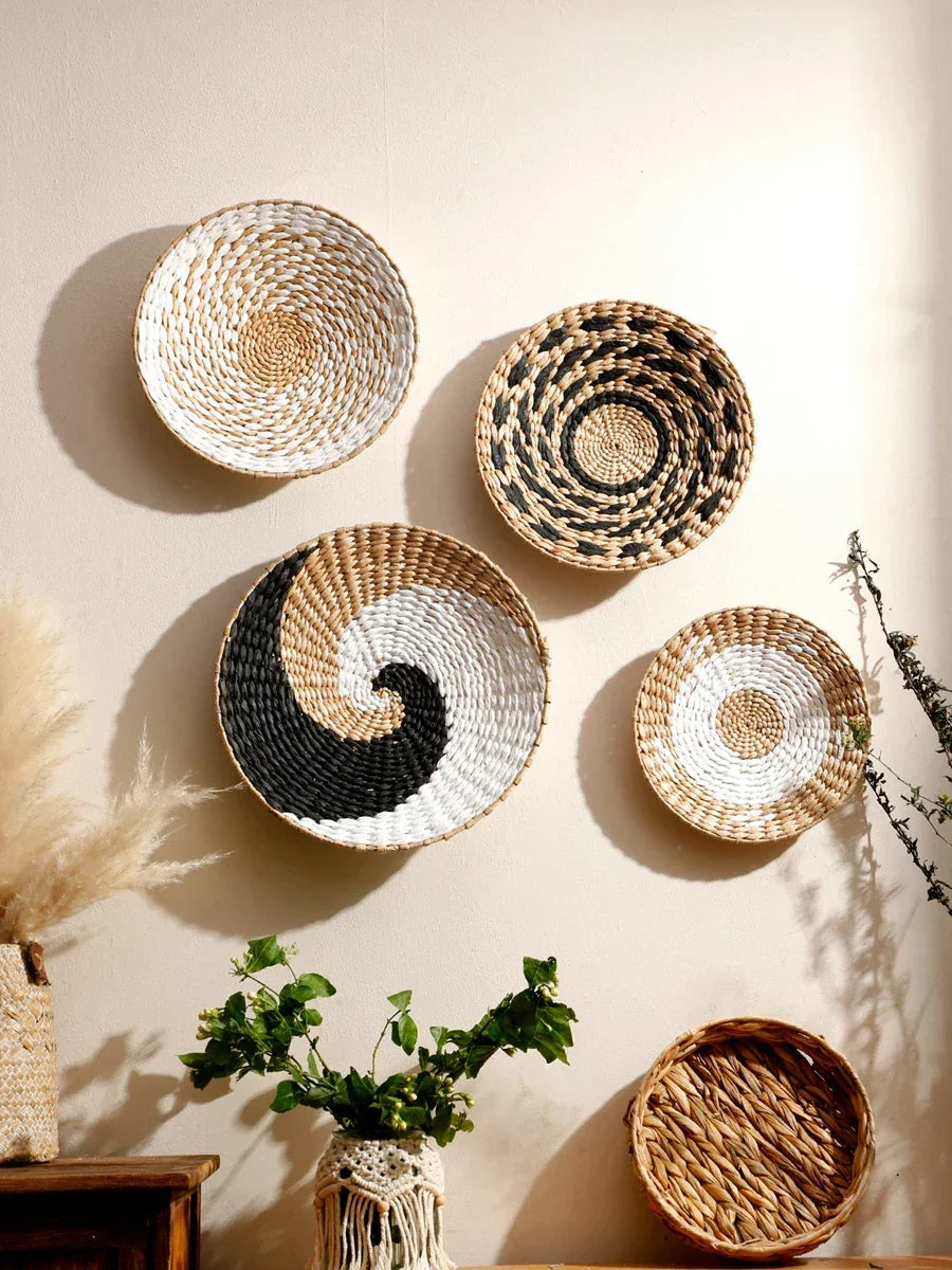 Natural Seagrass Handmade Wall Decor with Organic Texture, angled view - House Of Avana