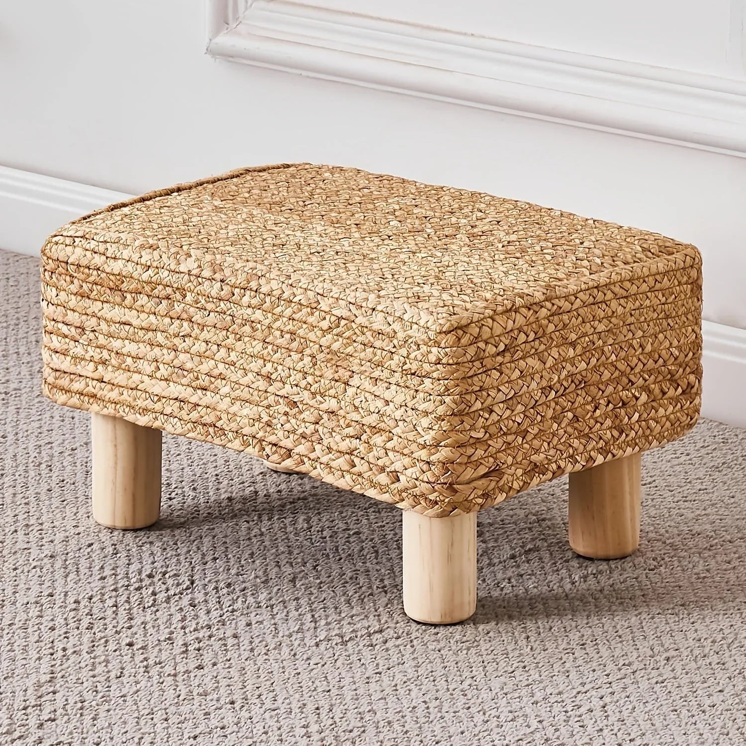 Footstool Ottoman Rectangular Footrest Pouf Ottoman Natural Seagrass Footstool With Wooden Legs Hand Weave Step Stool For Living Room Bedroom Entrance House Of Avana