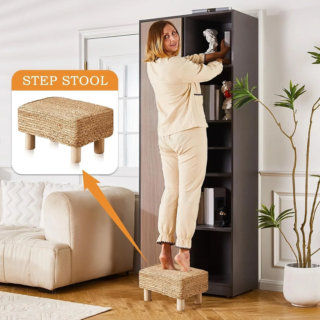 Footstool Ottoman Rectangular Footrest Pouf Ottoman Natural Seagrass Footstool With Wooden Legs Hand Weave Step Stool For Living Room Bedroom Entrance House Of Avana