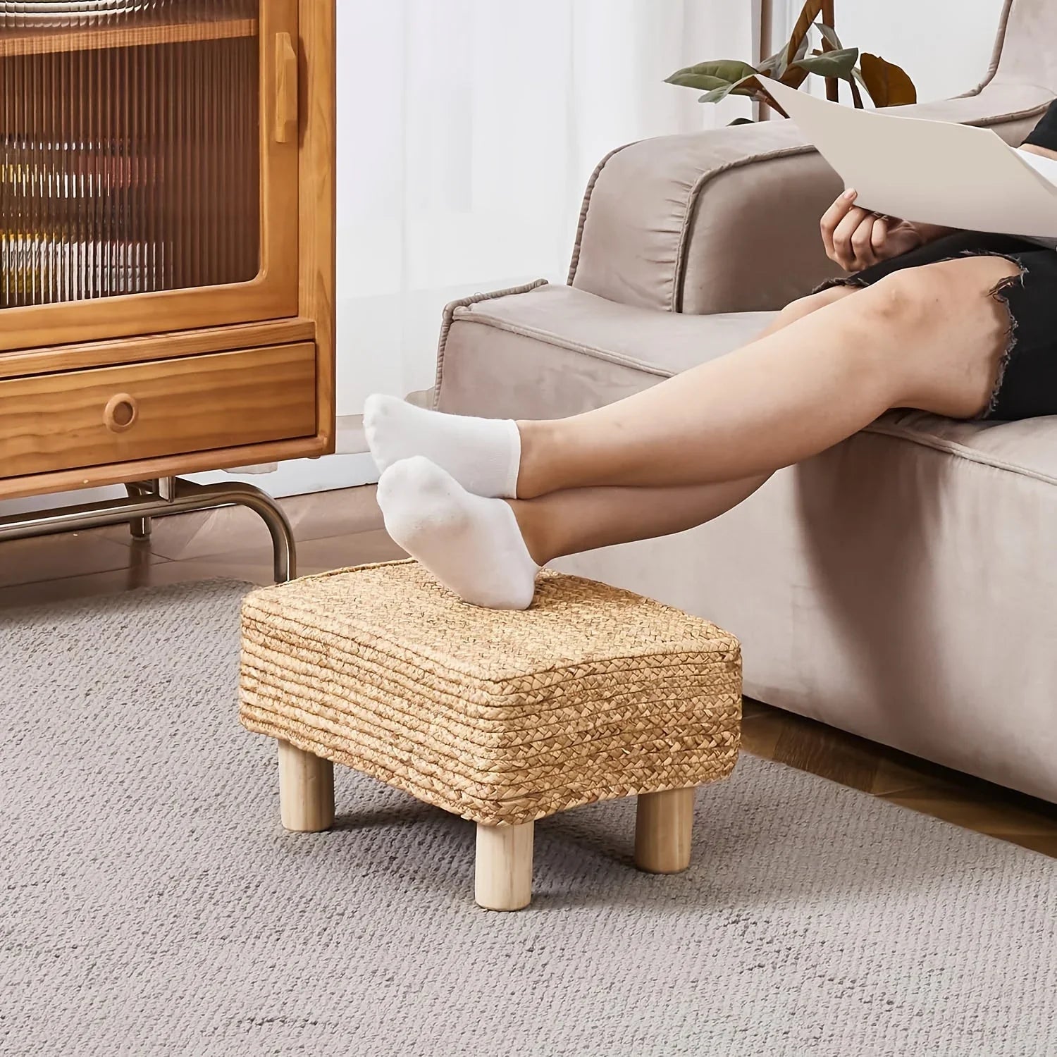 Footstool Ottoman Rectangular Footrest Pouf Ottoman Natural Seagrass Footstool With Wooden Legs Hand Weave Step Stool For Living Room Bedroom Entrance House Of Avana