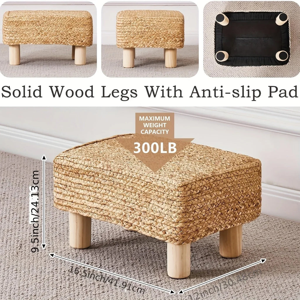 Footstool Ottoman Rectangular Footrest Pouf Ottoman Natural Seagrass Footstool With Wooden Legs Hand Weave Step Stool For Living Room Bedroom Entrance House Of Avana
