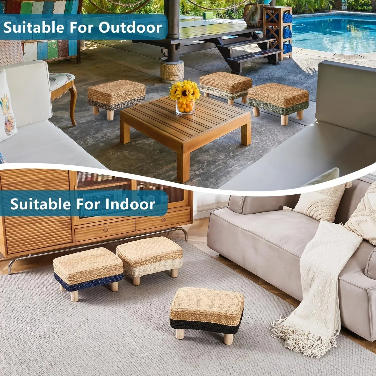 Footstool Ottoman Rectangular Footrest Pouf Ottoman Natural Seagrass Footstool With Wooden Legs Hand Weave Step Stool For Living Room Bedroom Entrance House Of Avana