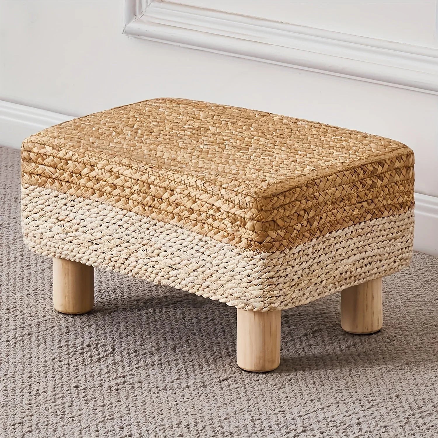 Footstool Ottoman Rectangular Footrest Pouf Ottoman Natural Seagrass Footstool With Wooden Legs Hand Weave Step Stool For Living Room Bedroom Entrance House Of Avana