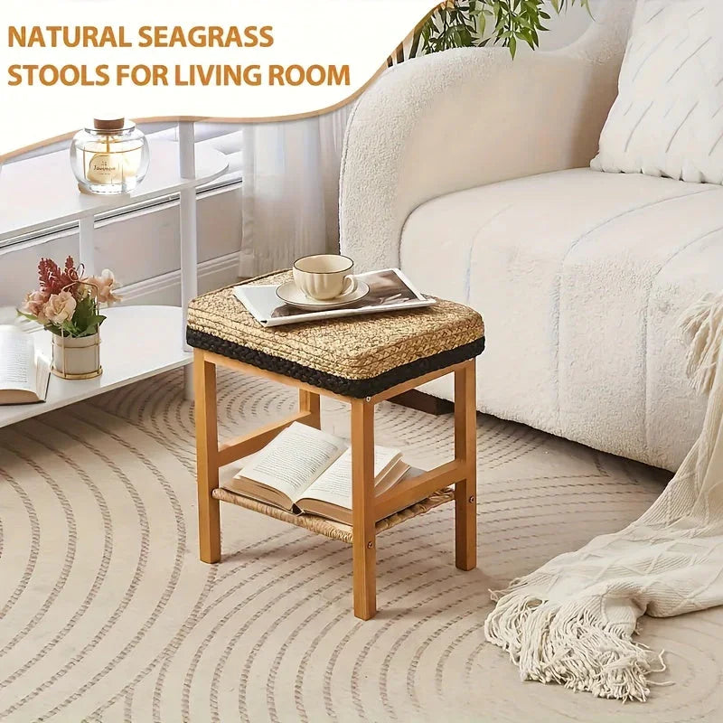Foot Stool Natural Seagrass Hand Weave Poufs Square Ottoman Bench Modern Dressing Stool Small Stool Side Table Footstool With Wood Legs Vanity Stool For Bathroom Living Room House Of Avana
