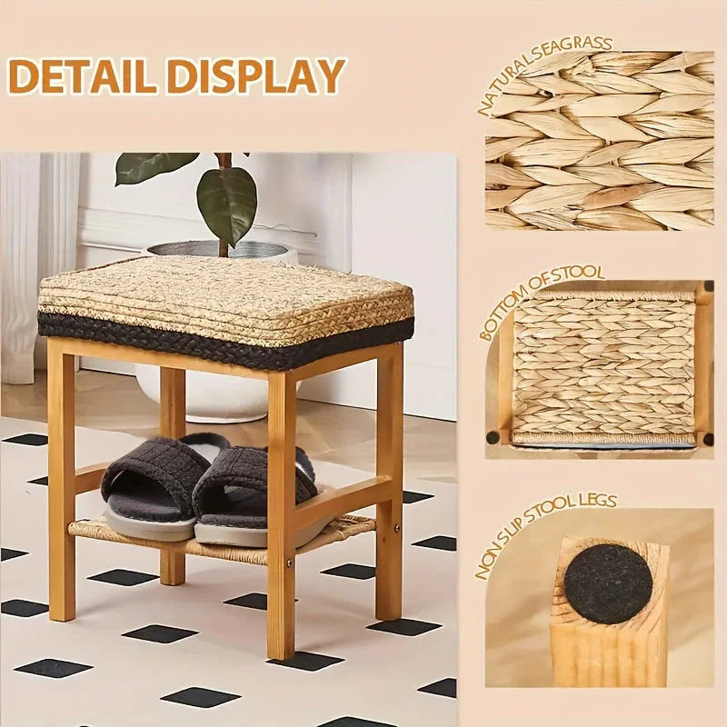 Foot Stool Natural Seagrass Hand Weave Poufs Square Ottoman Bench Modern Dressing Stool Small Stool Side Table Footstool With Wood Legs Vanity Stool For Bathroom Living Room House Of Avana