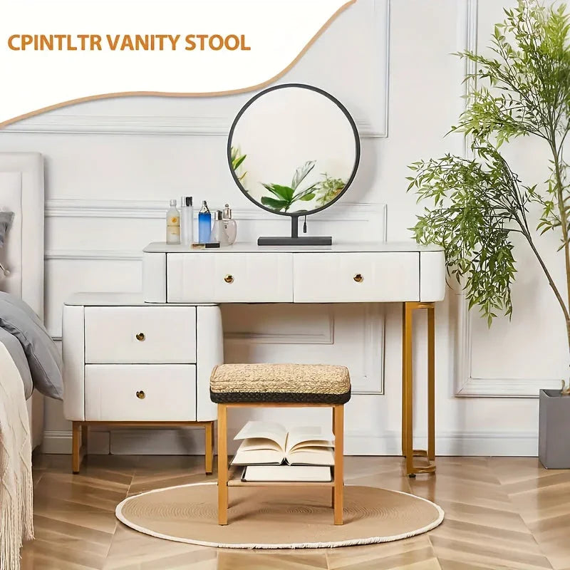 Foot Stool Natural Seagrass Hand Weave Poufs Square Ottoman Bench Modern Dressing Stool Small Stool Side Table Footstool With Wood Legs Vanity Stool For Bathroom Living Room House Of Avana