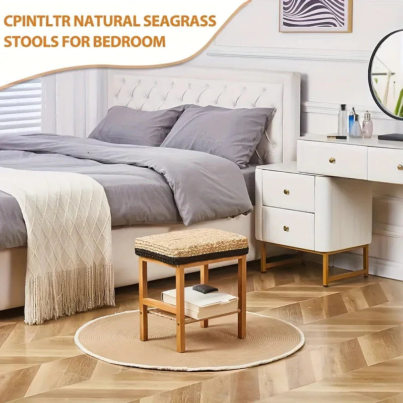 Foot Stool Natural Seagrass Hand Weave Poufs Square Ottoman Bench Modern Dressing Stool Small Stool Side Table Footstool With Wood Legs Vanity Stool For Bathroom Living Room House Of Avana