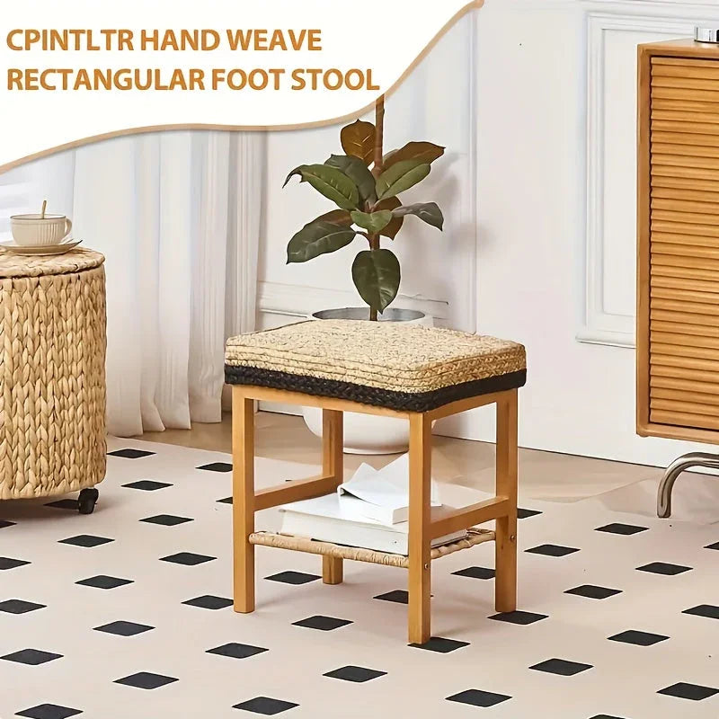 Foot Stool Natural Seagrass Hand Weave Poufs Square Ottoman Bench Modern Dressing Stool Small Stool Side Table Footstool With Wood Legs Vanity Stool For Bathroom Living Room House Of Avana