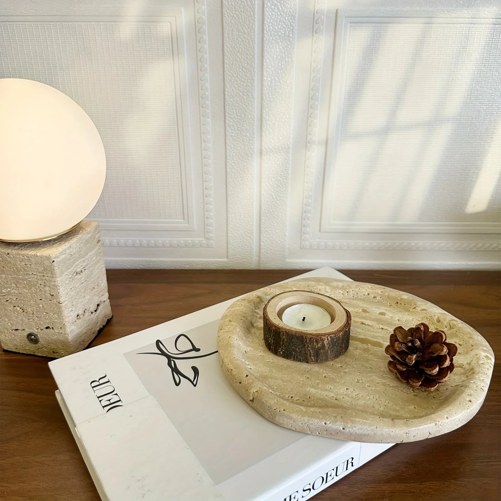 Natural Stone Decorative Tray - Creamy Beige Textured Serving Plate for Perfume Bottles, Jewelry & Keys | Retro Style Vanity Organizer & Living Room Centerpiece with Durable Elegant Home Decor, Bathroom Trays House Of Avana