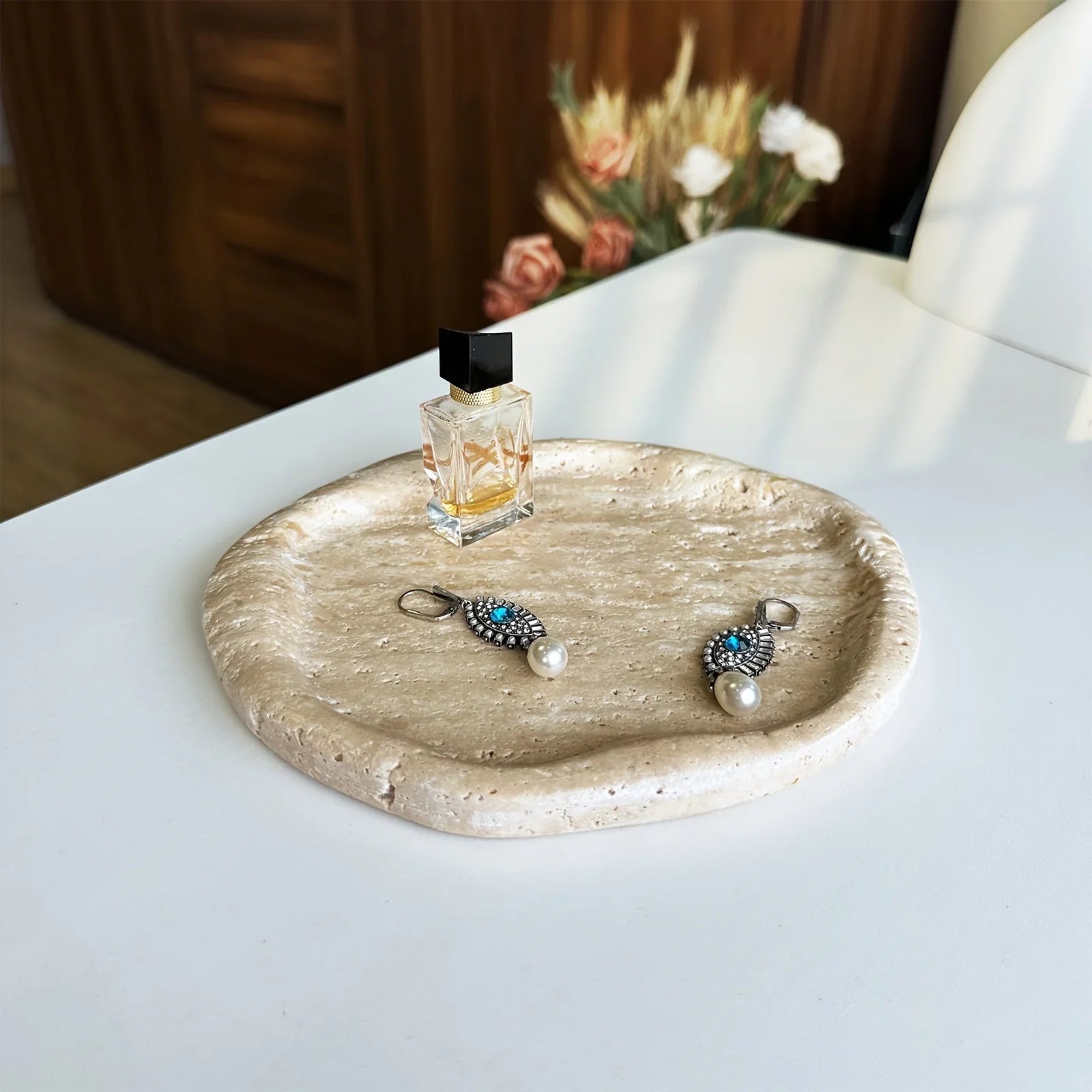 Natural Stone Decorative Tray - Creamy Beige Textured Serving Plate for Perfume Bottles, Jewelry & Keys | Retro Style Vanity Organizer & Living Room Centerpiece with Durable Elegant Home Decor, Bathroom Trays House Of Avana