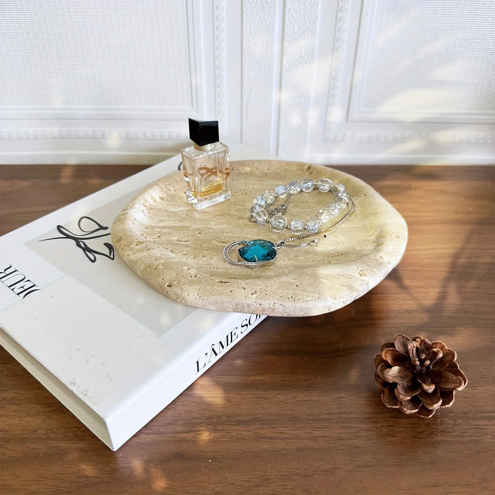 Natural Stone Decorative Tray - Creamy Beige Textured Serving Plate for Perfume Bottles, Jewelry & Keys | Retro Style Vanity Organizer & Living Room Centerpiece with Durable Elegant Home Decor, Bathroom Trays House Of Avana