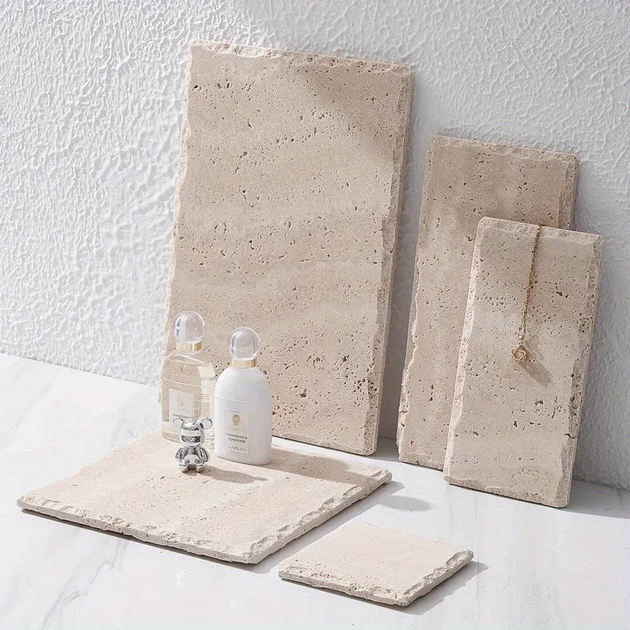 Natural Stone Hand-Carved Weathered Edge Coaster & Tray Set - Beige/ Eroded Texture, Non-Slip Rectangular Tabletop Organizer with Rounded Edges, Multi-Size Stone Coasters and Tray for Minimalist Vanity, Bathroom, Kitchen, Cof House Of Avana
