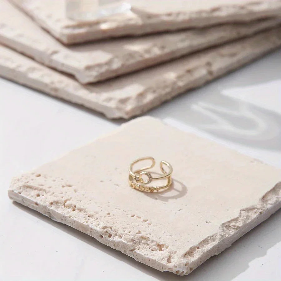 Natural Stone Hand-Carved Weathered Edge Coaster & Tray Set - Beige/ Eroded Texture, Non-Slip Rectangular Tabletop Organizer with Rounded Edges, Multi-Size Stone Coasters and Tray for Minimalist Vanity, Bathroom, Kitchen, Cof House Of Avana