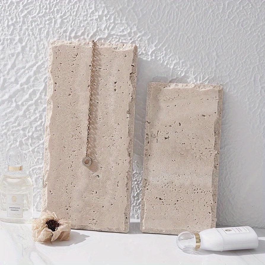 Natural Stone Hand-Carved Weathered Edge Coaster & Tray Set - Beige/ Eroded Texture, Non-Slip Rectangular Tabletop Organizer with Rounded Edges, Multi-Size Stone Coasters and Tray for Minimalist Vanity, Bathroom, Kitchen, Cof House Of Avana