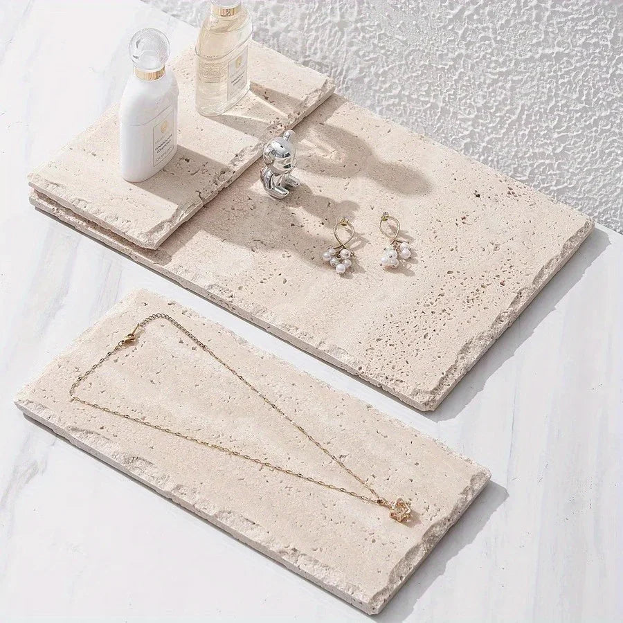 Natural Stone Hand-Carved Weathered Edge Coaster & Tray Set - Beige/ Eroded Texture, Non-Slip Rectangular Tabletop Organizer with Rounded Edges, Multi-Size Stone Coasters and Tray for Minimalist Vanity, Bathroom, Kitchen, Cof House Of Avana