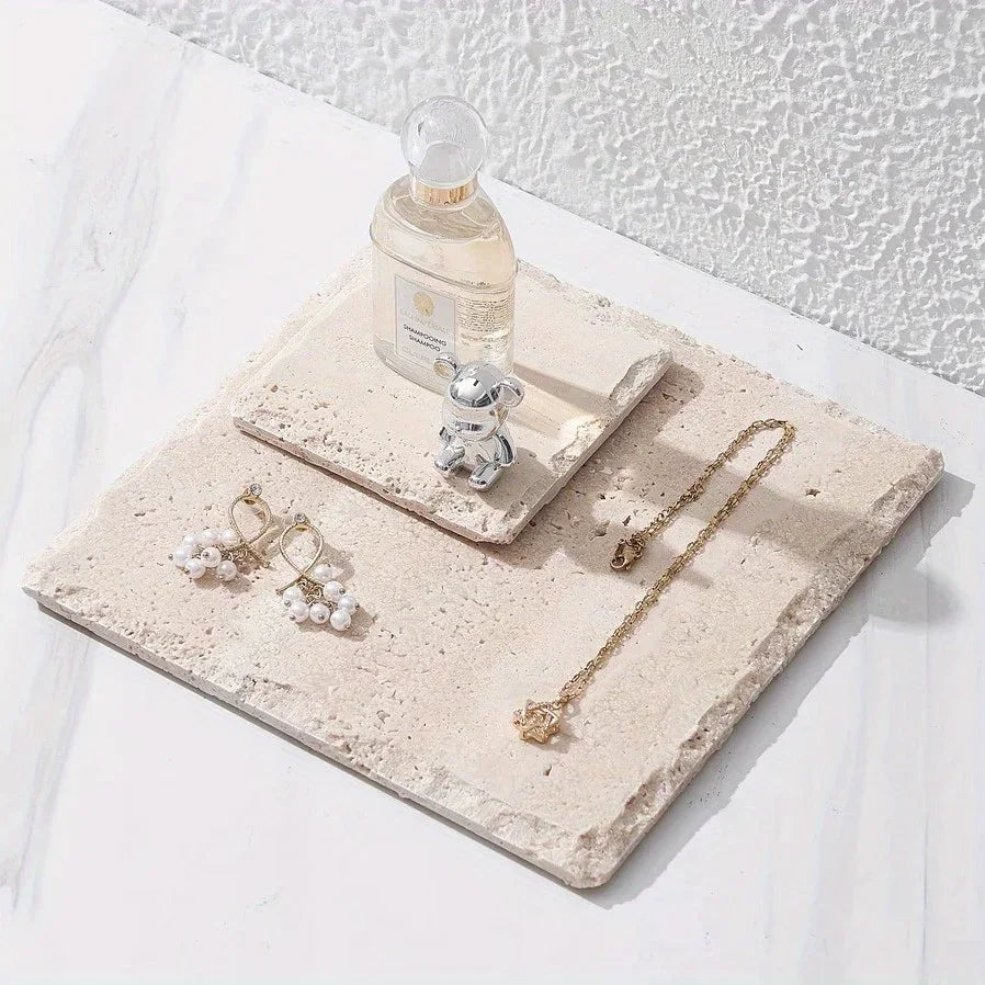 Natural Stone Hand-Carved Weathered Edge Coaster & Tray Set - Beige/ Eroded Texture, Non-Slip Rectangular Tabletop Organizer with Rounded Edges, Multi-Size Stone Coasters and Tray for Minimalist Vanity, Bathroom, Kitchen, Cof House Of Avana