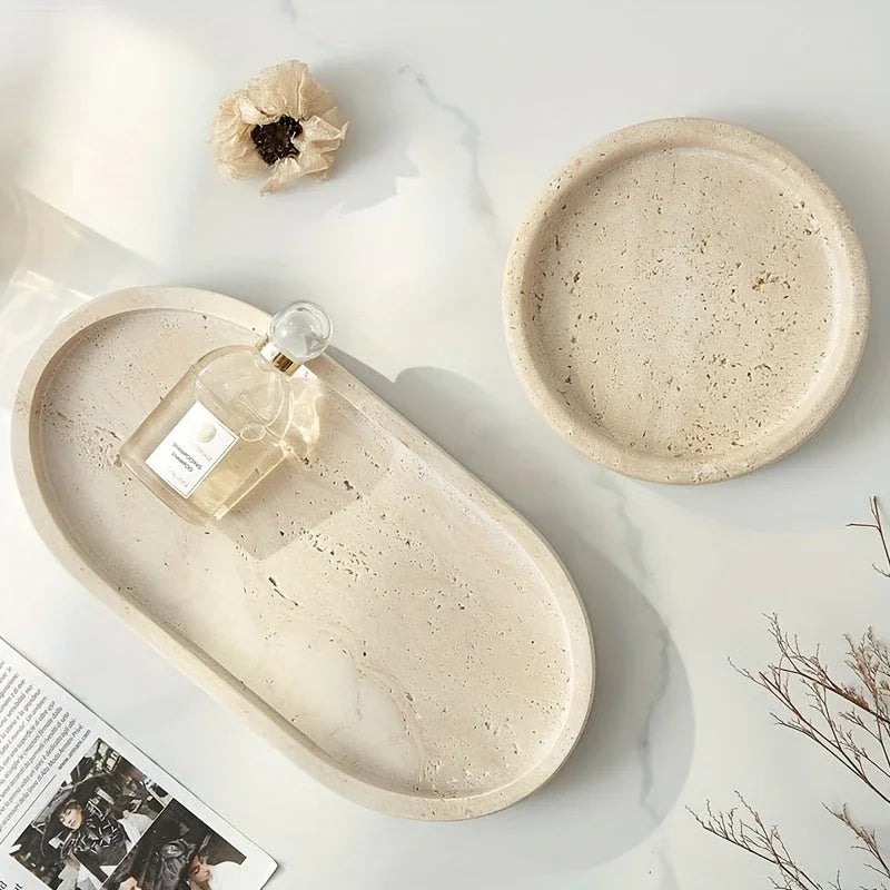 One Piece of Natural Travertine Stone Vanity Tray Designed for Bathroom Use, Perfect for Organizing Perfumes And Cosmetics. This Round Decorative Tray in Beige Is Also Suitable for Kitchen Organization And Home Decor. House Of Avana